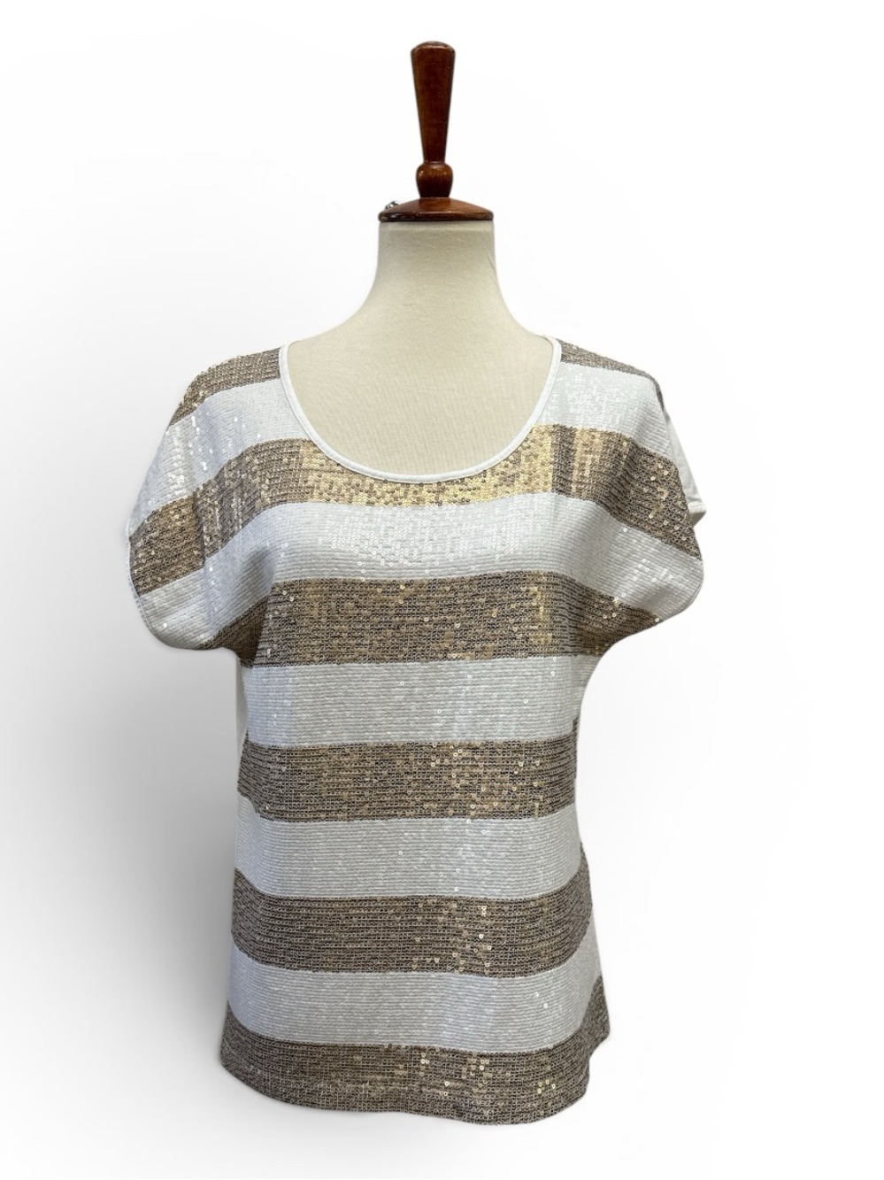 Chico's Optic White/Gold Sequin Stripe Scoop Dolman Short Sleeve Top Size Medium